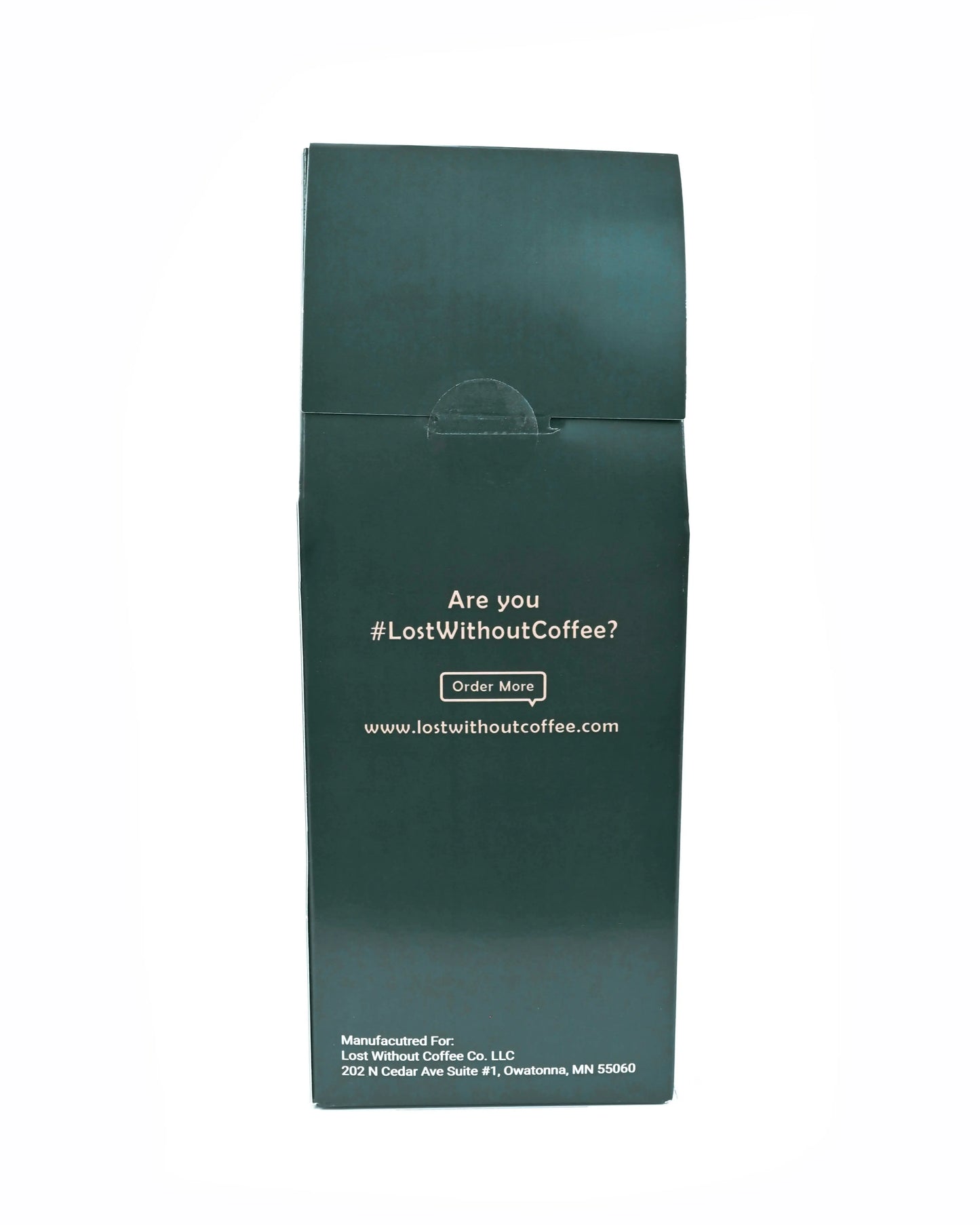 Fresh Roasted Coffee packaging featuring the hashtag #LostWithoutCoffee and a call to order more.