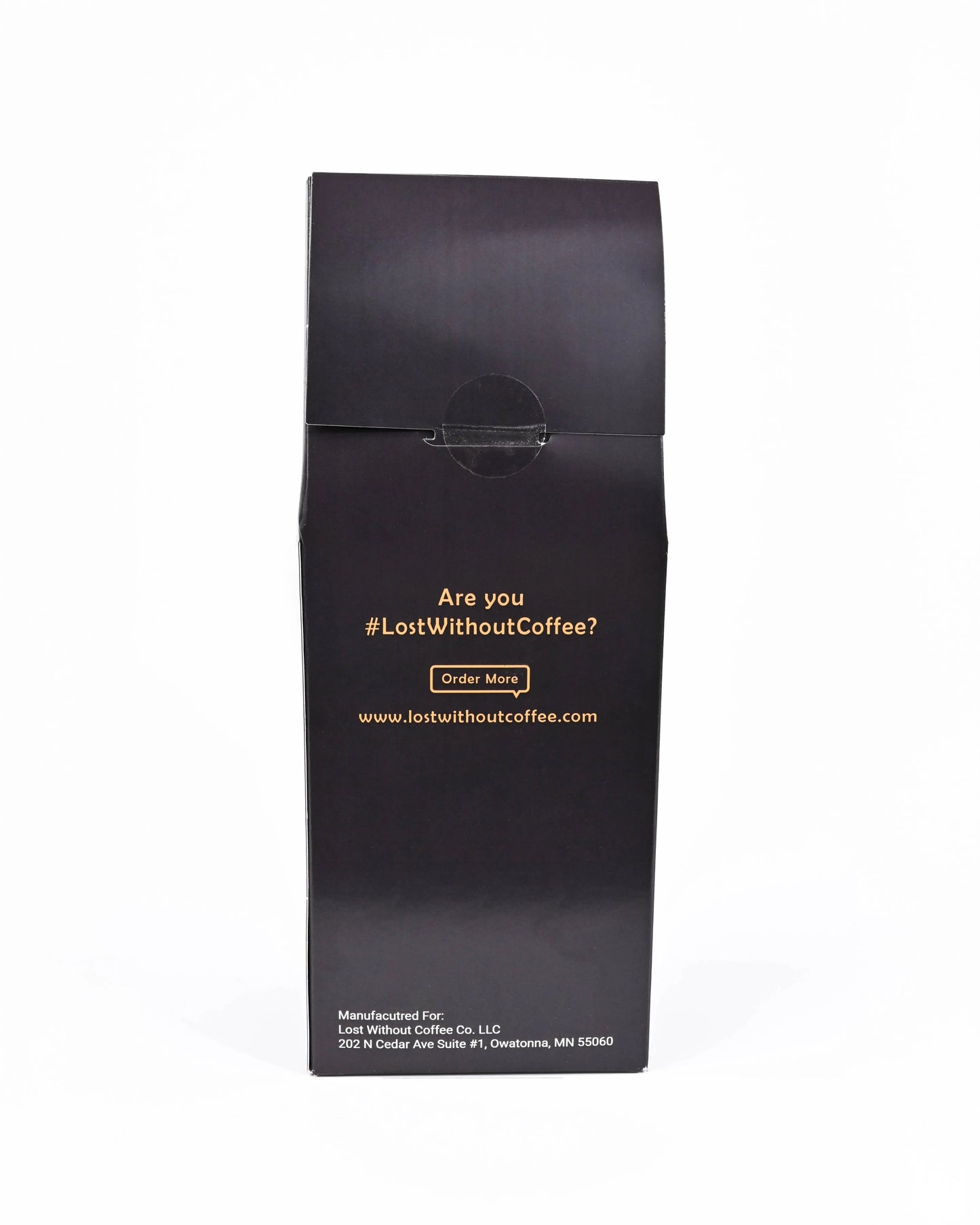 Back of Fresh Roasted Coffee bag with #LostWithoutCoffee? and order link.