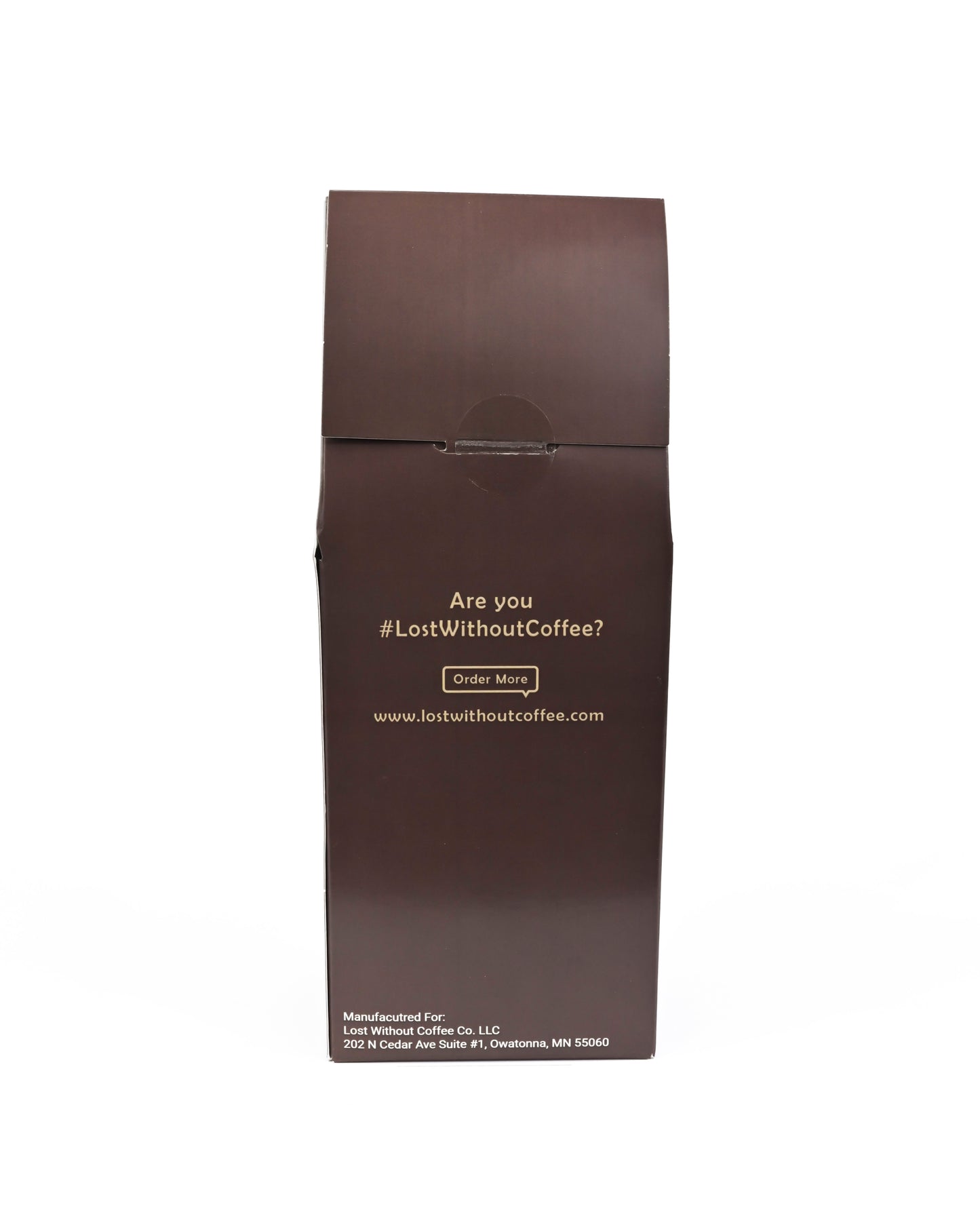 Fresh Roasted Coffee packaging showcasing the hashtag #LostWithoutCoffee and order information on the back.
