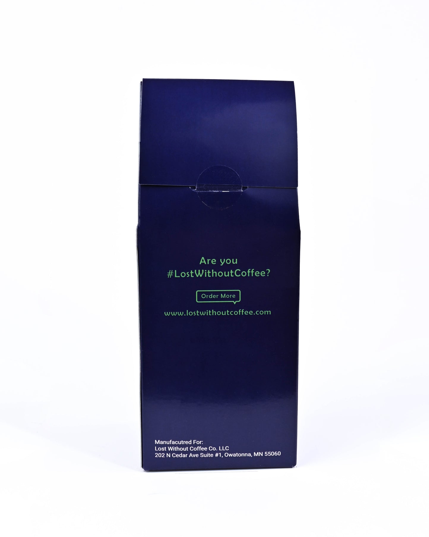 In-Tents Dark Roast Coffee 12 oz bag with '#LostWithoutCoffee?' tagline and ordering info.