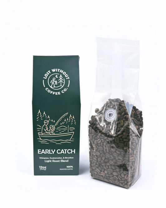 Fresh Roasted Coffee - Early Catch Light Roast coffee bag with beans, showcasing its specialty blend and packaging.