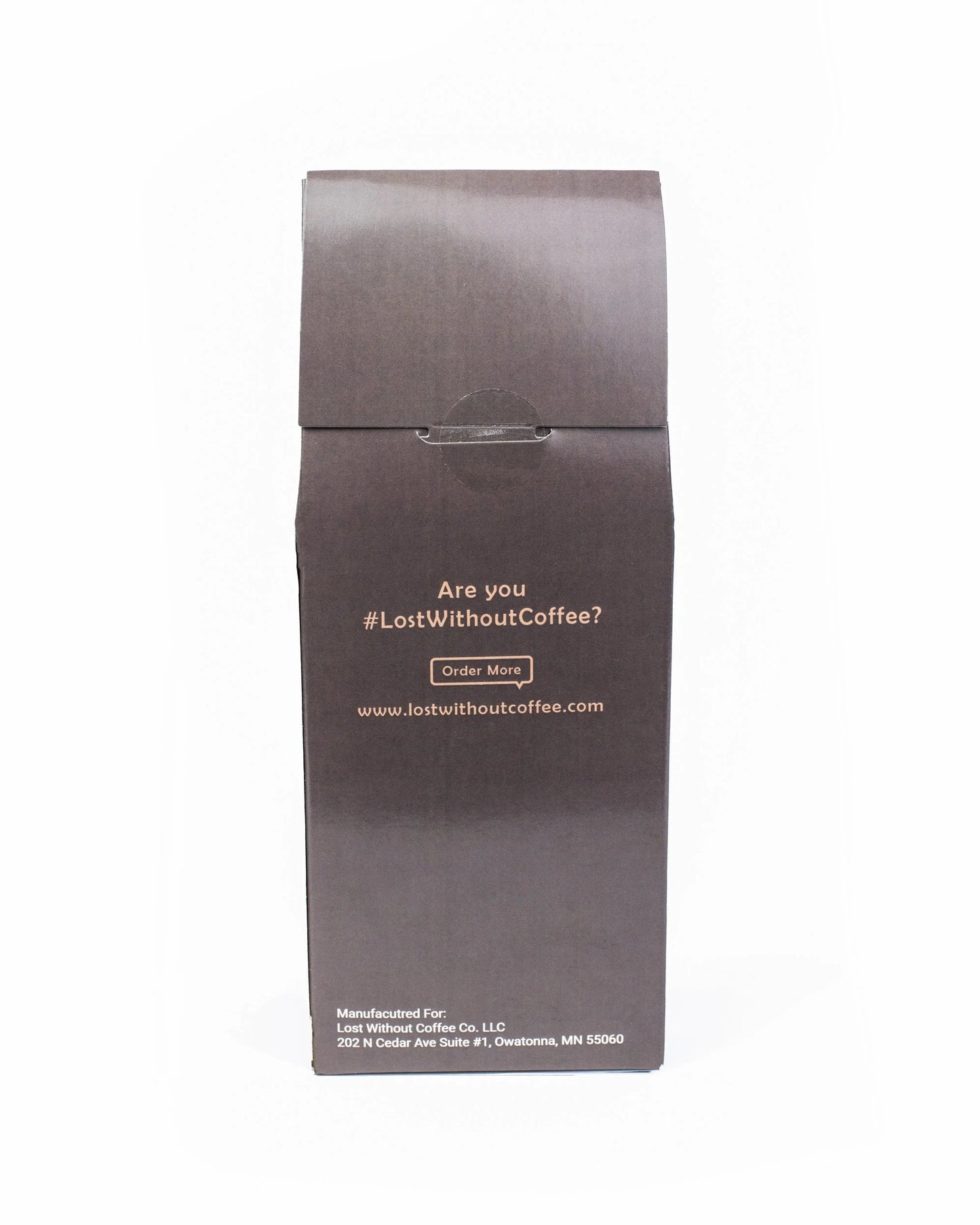Fresh Roasted Decaf Coffee packaging with #LostWithoutCoffee slogan and ordering information.