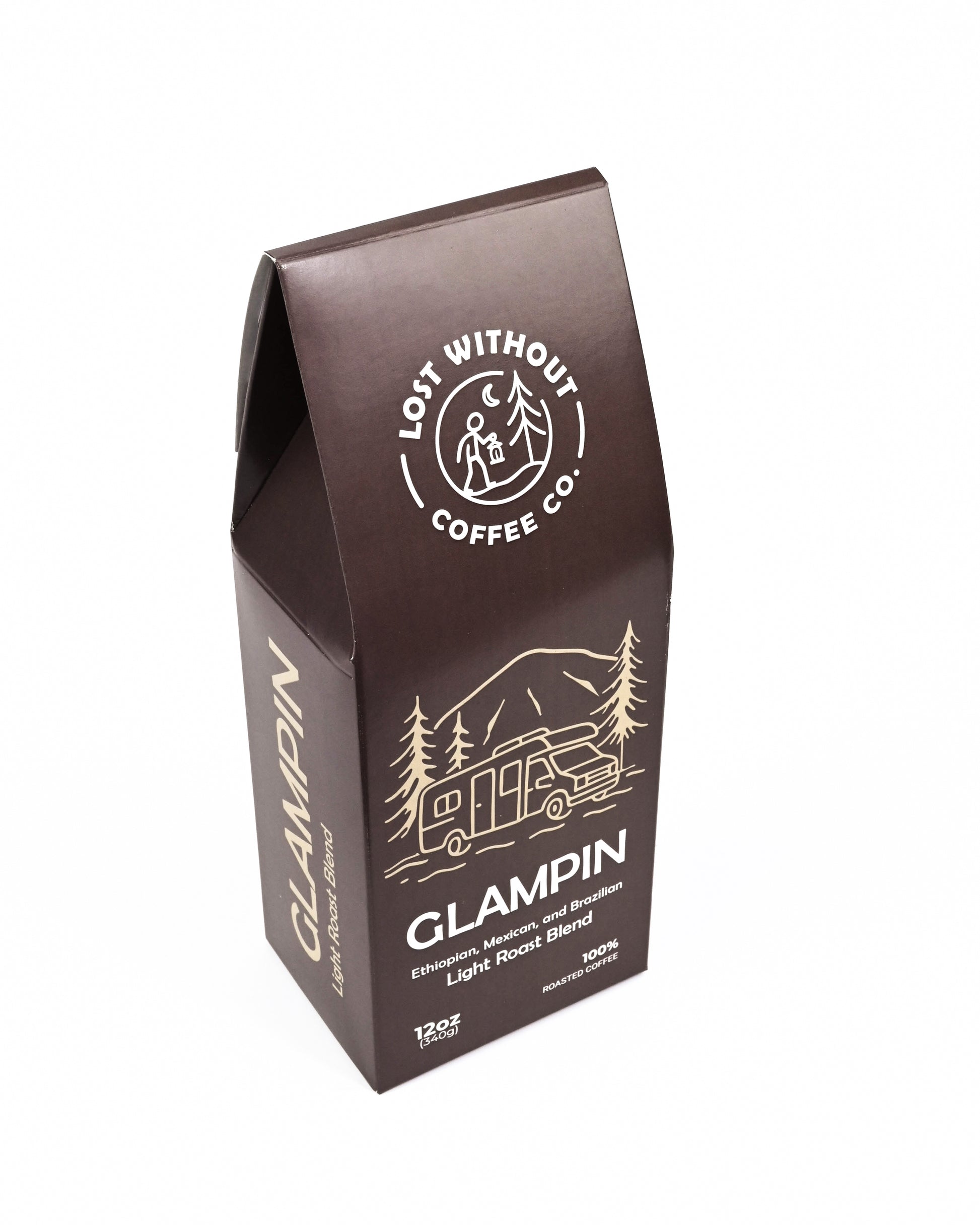 Fresh Roasted Coffee - Glampin Light Roast Blend packaging from Lost Without Coffee Co.