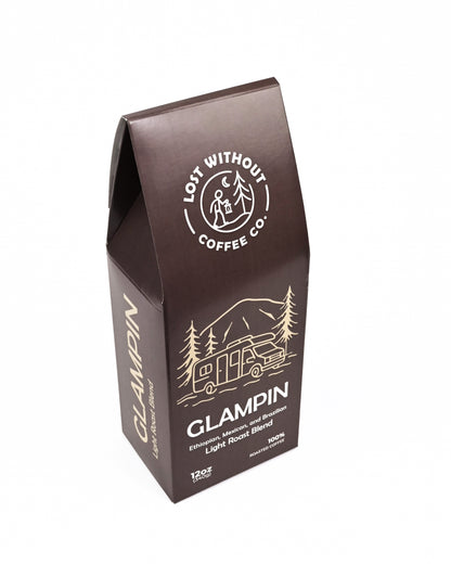Fresh Roasted Coffee - Glampin Light Roast Blend packaging from Lost Without Coffee Co.