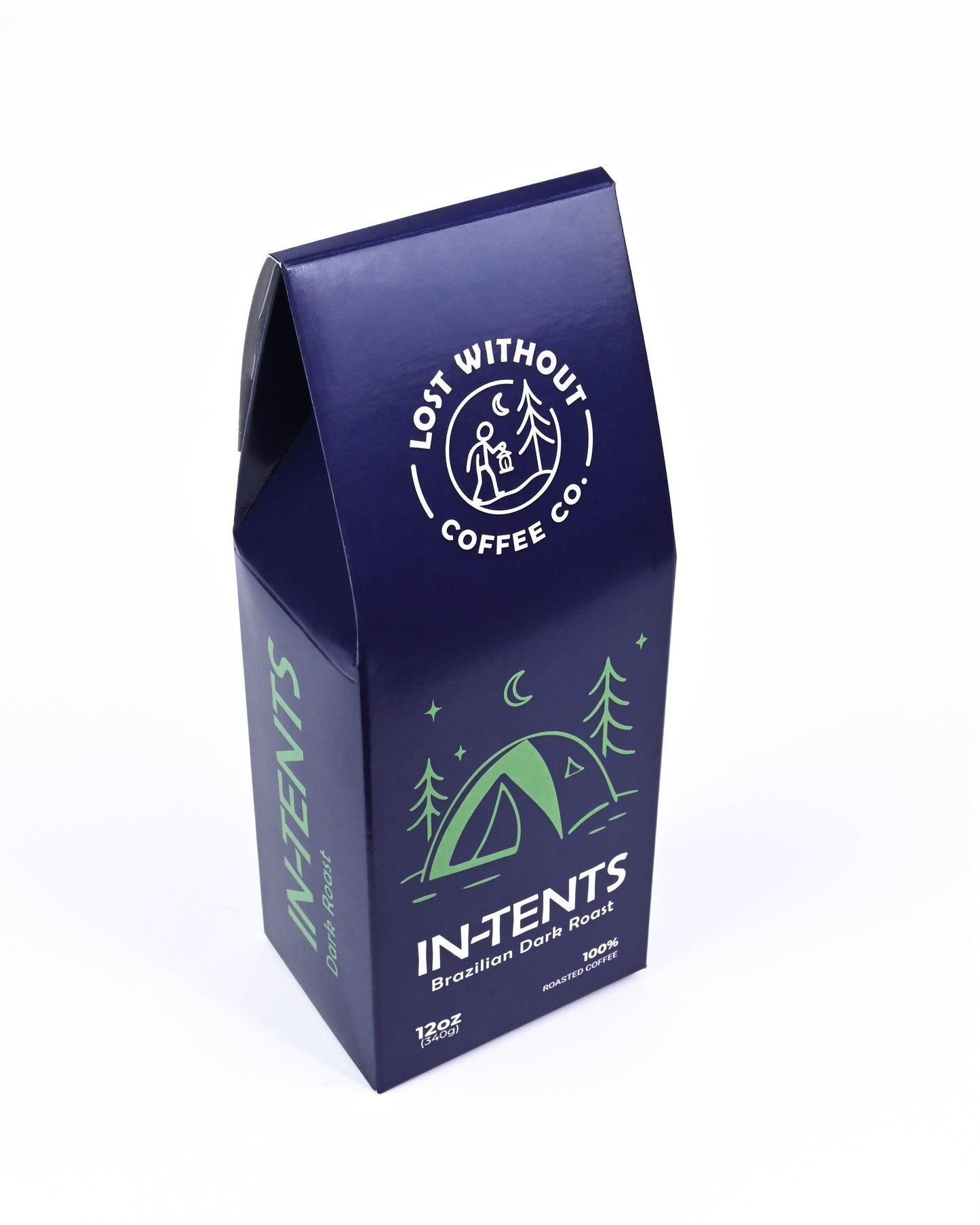 In-Tents Dark Roast Coffee packaging featuring a bold design and camping theme, highlighting the 12 oz product.