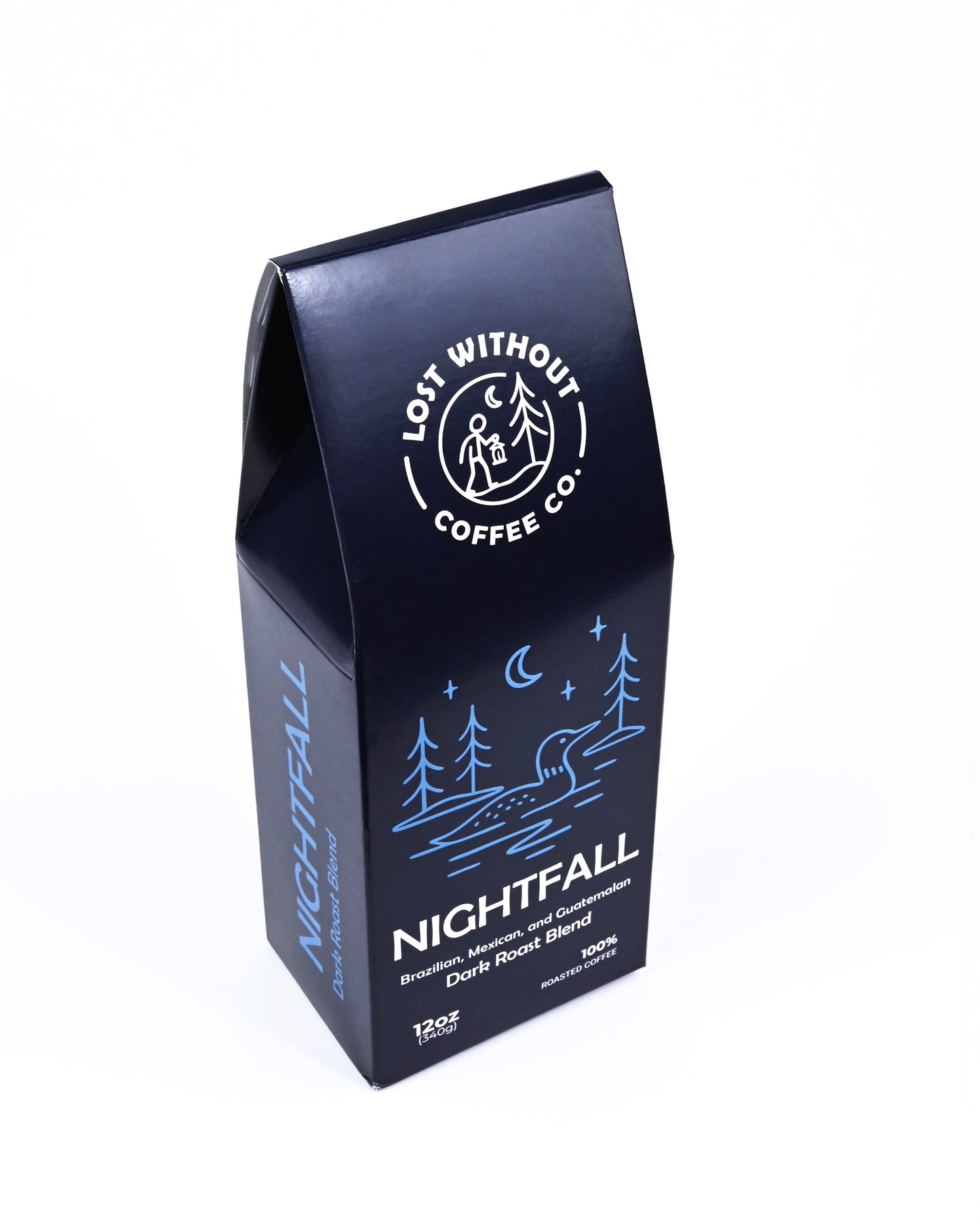 Fresh Roasted Coffee - Nightfall Dark Roast 12oz package design featuring a scenic night landscape.