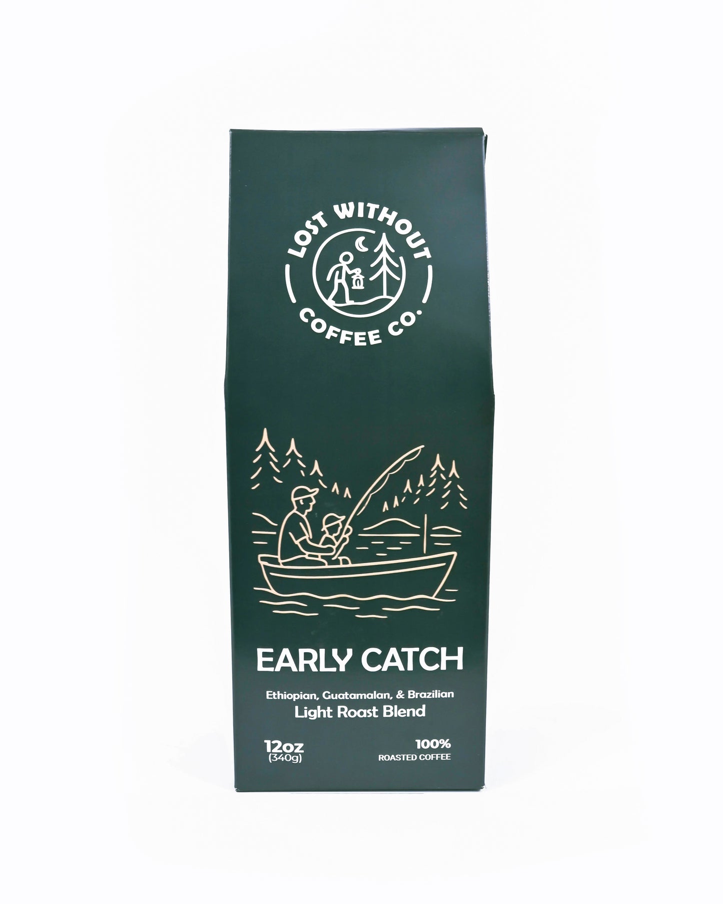 Fresh Roasted Coffee Early Catch Light Roast blend packaging with fishing illustration, 12oz.