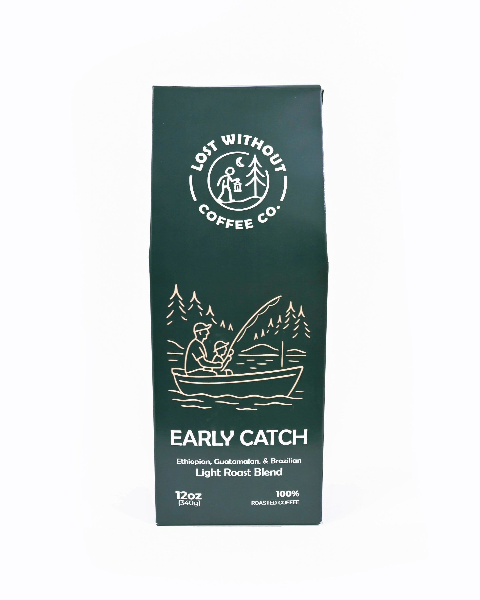 Fresh Roasted Coffee Early Catch Light Roast blend packaging with fishing illustration, 12oz.
