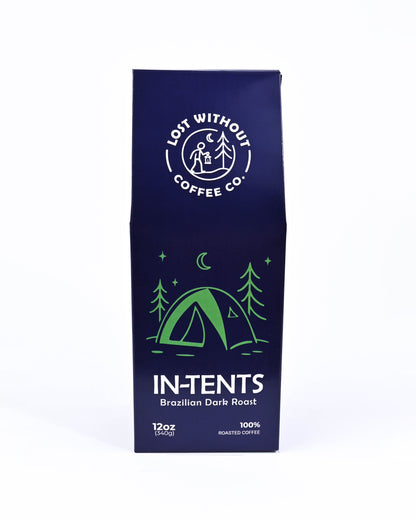 In-Tents Dark Roast Coffee 12 oz bag featuring bold camping design and rich flavor profile.