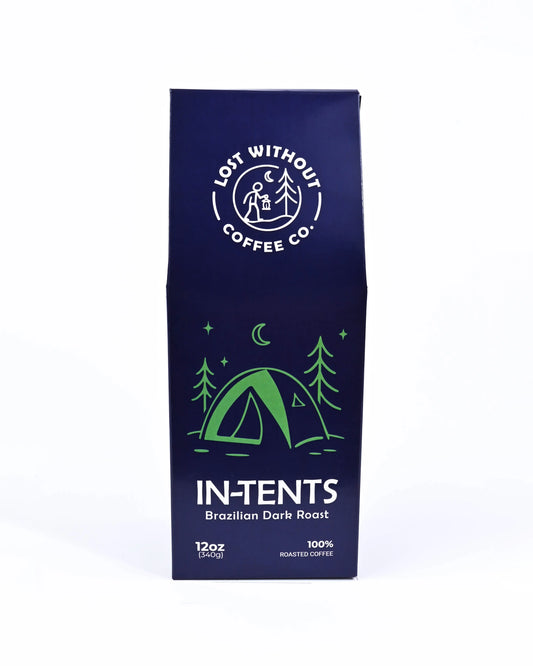 In-Tents Dark Roast Coffee 12 oz bag featuring bold camping design and rich flavor profile.