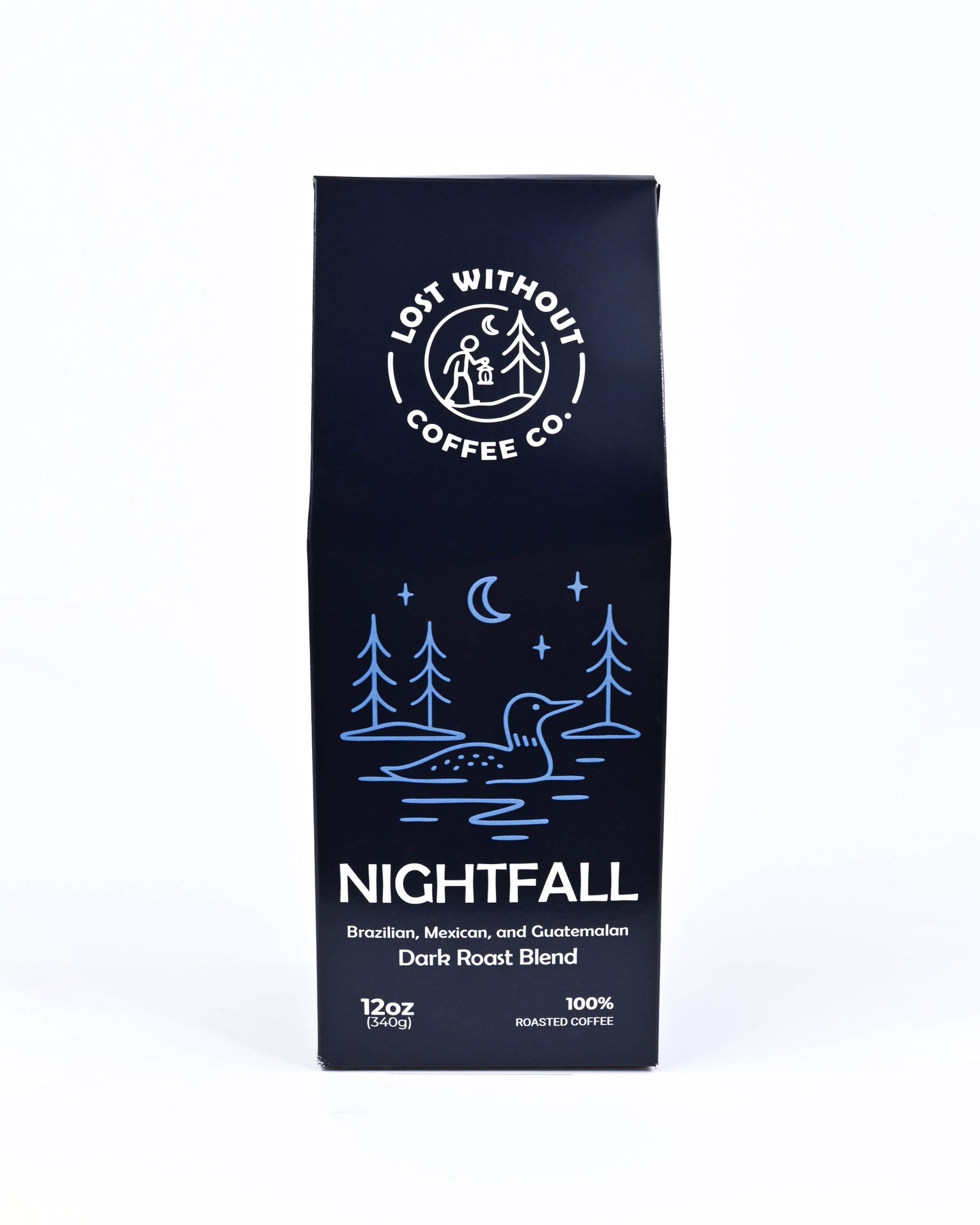 Fresh Roasted Coffee - Nightfall Dark Roast - 12oz bag with dark roast blend and lake illustration.