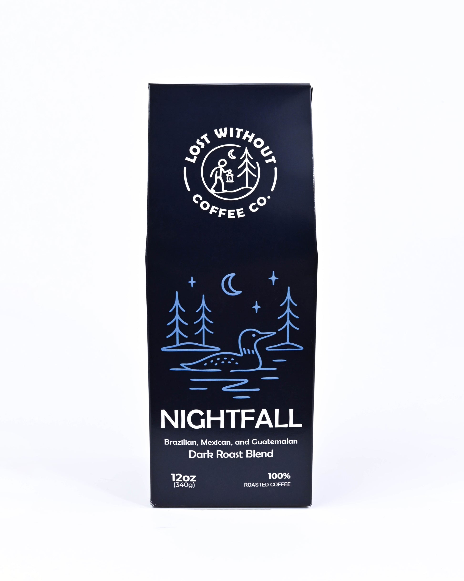 Fresh Roasted Coffee - Nightfall Dark Roast - 12oz bag with dark roast blend and lake illustration.