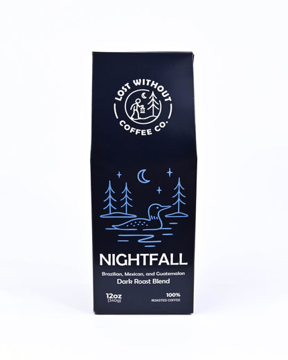 Fresh Roasted Coffee - Nightfall Dark Roast - 12oz bag with dark roast blend and lake illustration.