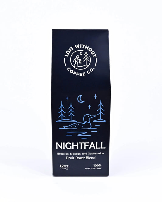 Fresh Roasted Coffee - Nightfall Dark Roast - 12oz bag with dark roast blend and lake illustration.