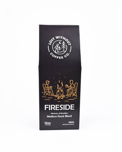 Fresh Roasted Coffee - Fireside Medium Roast Blend 12oz bag front view with cozy campfire design.
