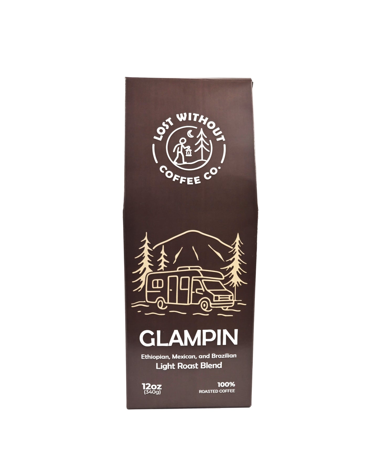 Fresh Roasted Coffee - Glampin Light Roast Blend 12 oz bag featuring Ethiopian, Mexican, and Brazilian beans.