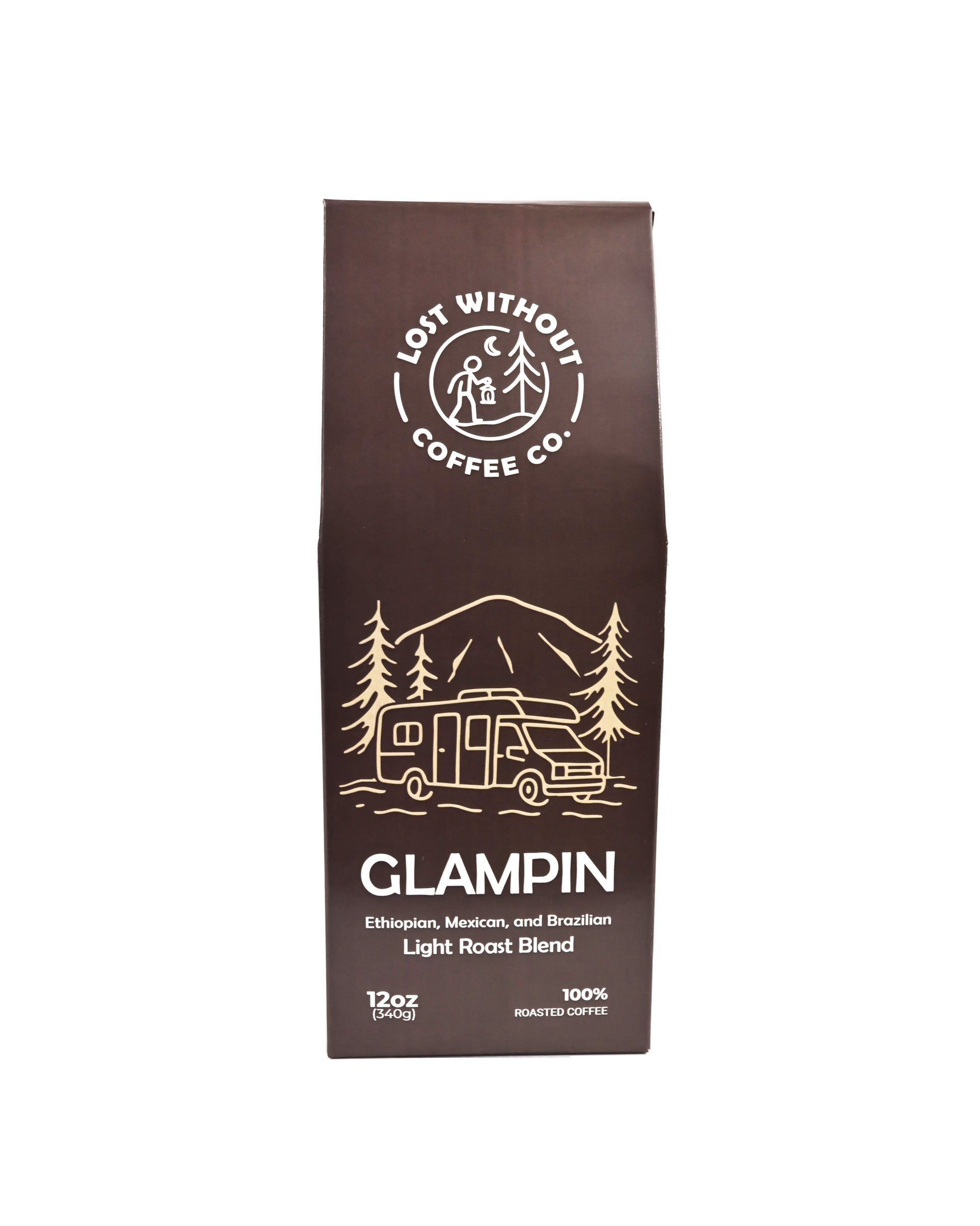 Fresh Roasted Coffee - Glampin Light Roast Blend 12 oz bag featuring Ethiopian, Mexican, and Brazilian beans.