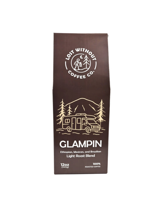 Fresh Roasted Coffee - Glampin Light Roast Blend 12 oz bag featuring Ethiopian, Mexican, and Brazilian beans.
