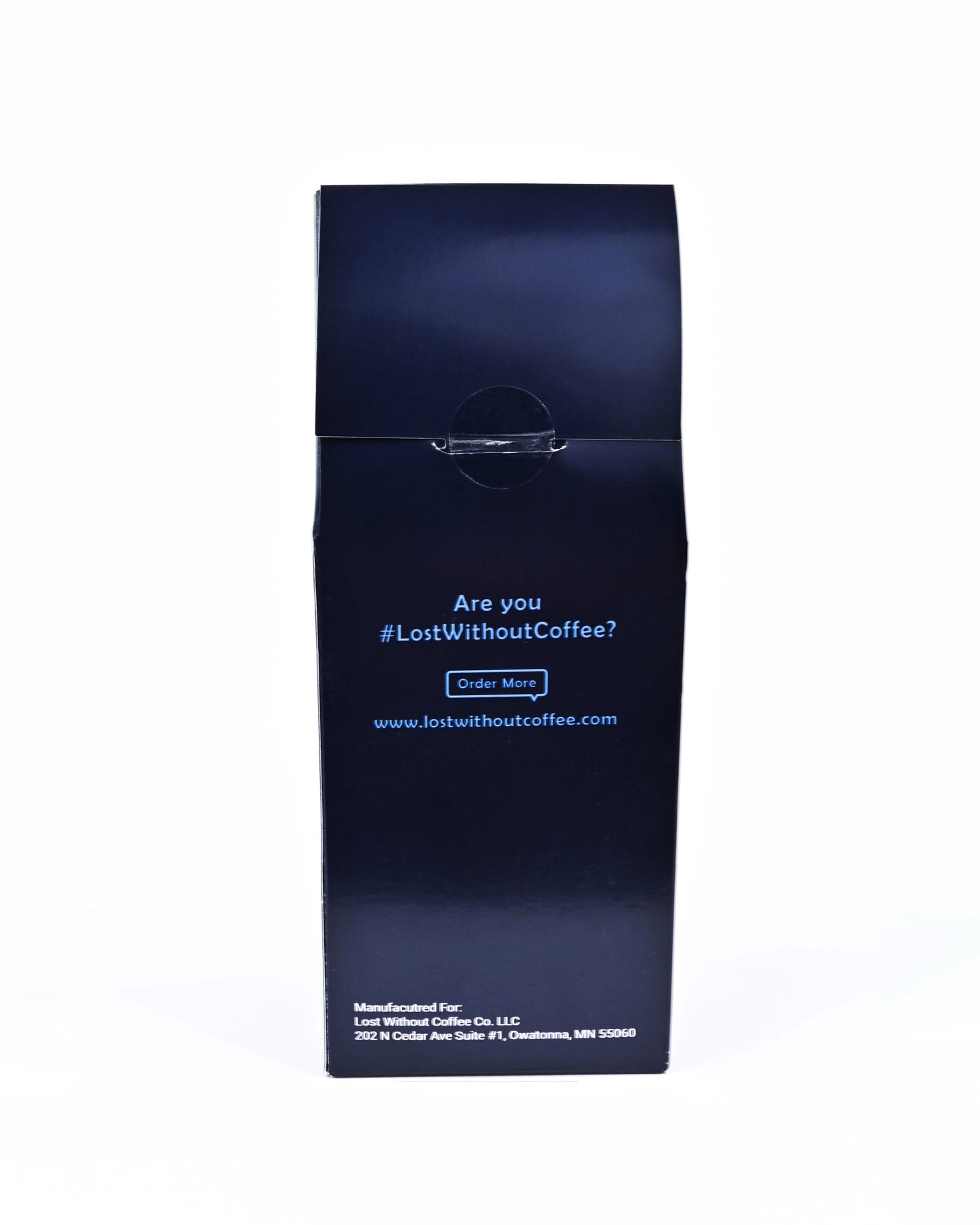Fresh Roasted Coffee packaging with branding and ordering information on the back.
