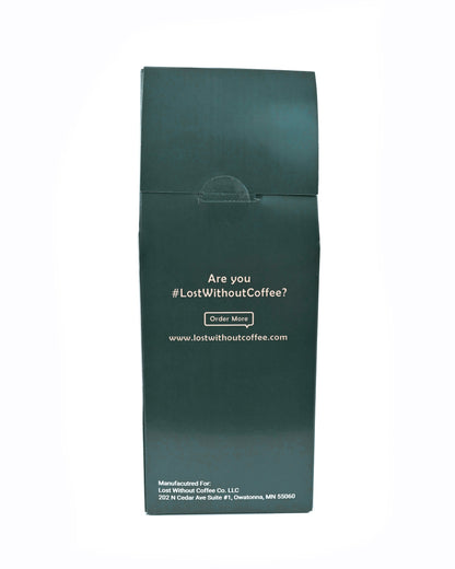 Fresh Roasted Coffee packaging featuring the hashtag #LostWithoutCoffee and a call to order more.