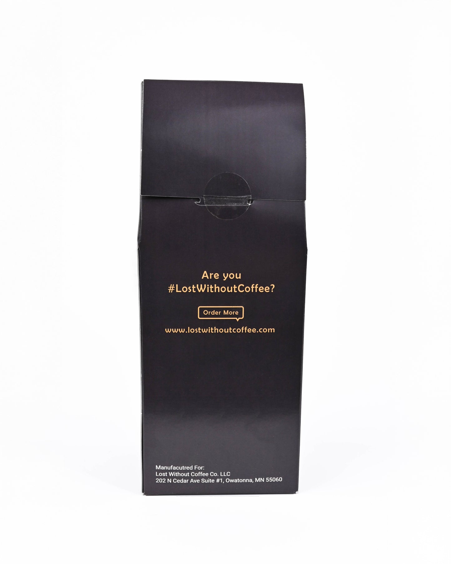 Back of Fresh Roasted Coffee bag with #LostWithoutCoffee? and order link.