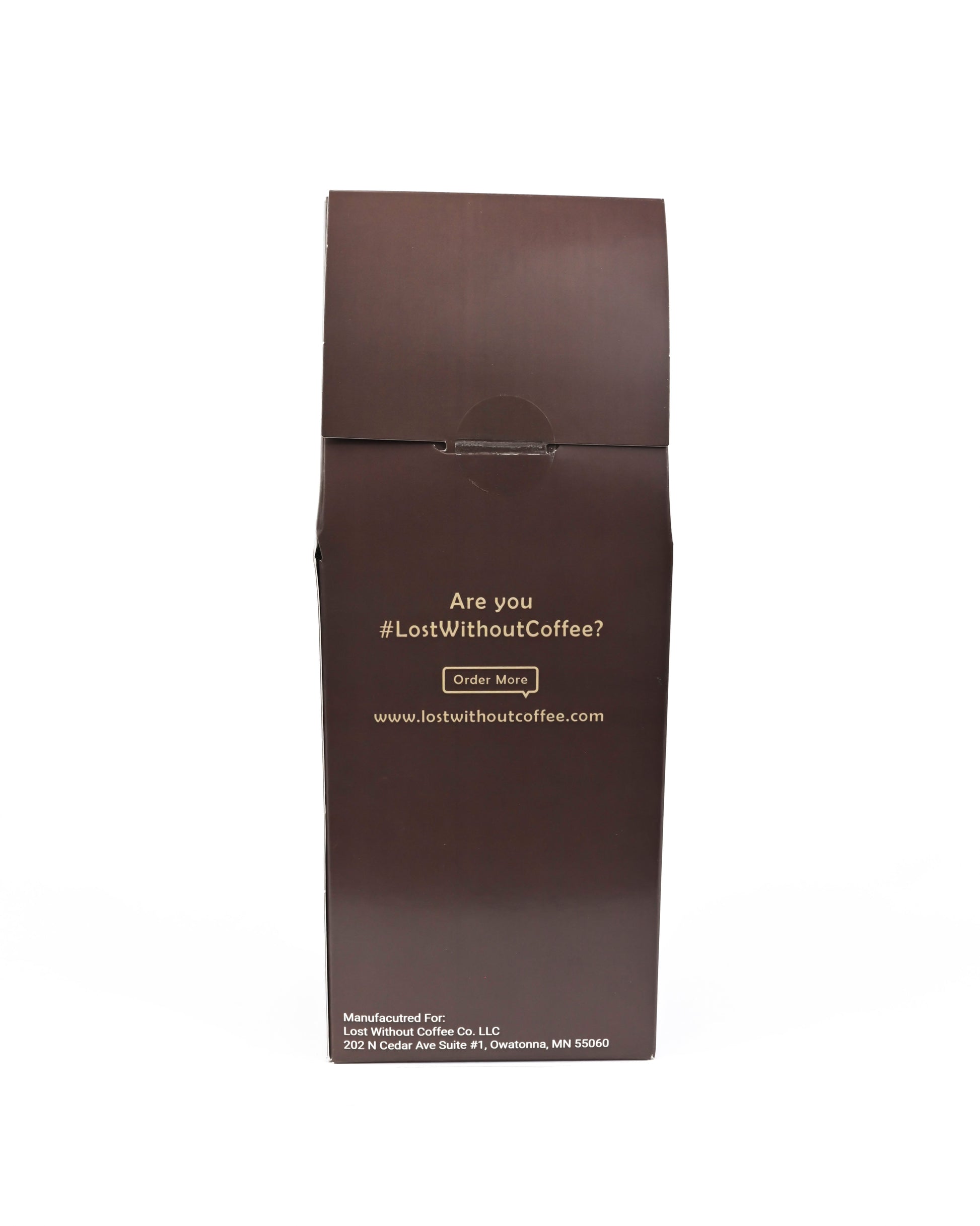 Fresh Roasted Coffee packaging showcasing the hashtag #LostWithoutCoffee and order information on the back.