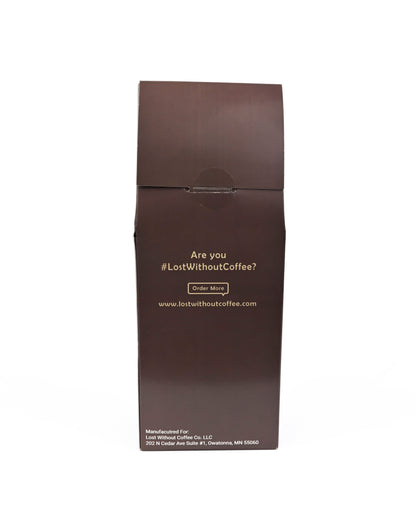 Fresh Roasted Coffee packaging showcasing the hashtag #LostWithoutCoffee and order information on the back.