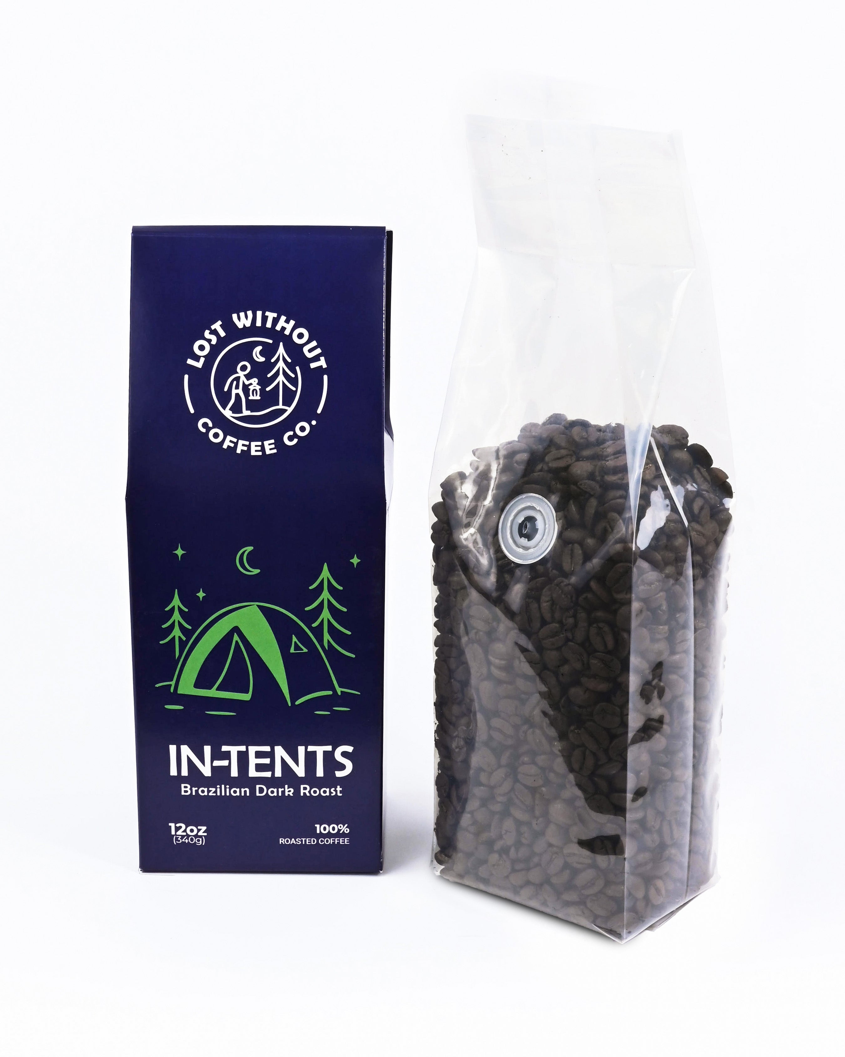 In-Tents Dark Roast Coffee - 12 oz bag showcasing Brazilian Dark Roast with bold flavors.