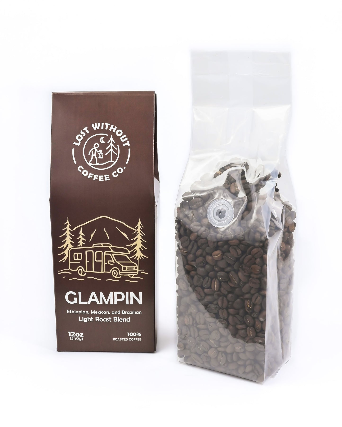 Fresh Roasted Coffee - Glampin Light Roast Blend packaging featuring Ethiopian, Mexican, and Brazilian coffee beans.