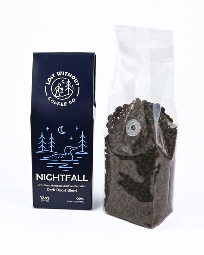 Fresh Roasted Coffee - Nightfall Dark Roast - 12oz bag featuring whole coffee beans.