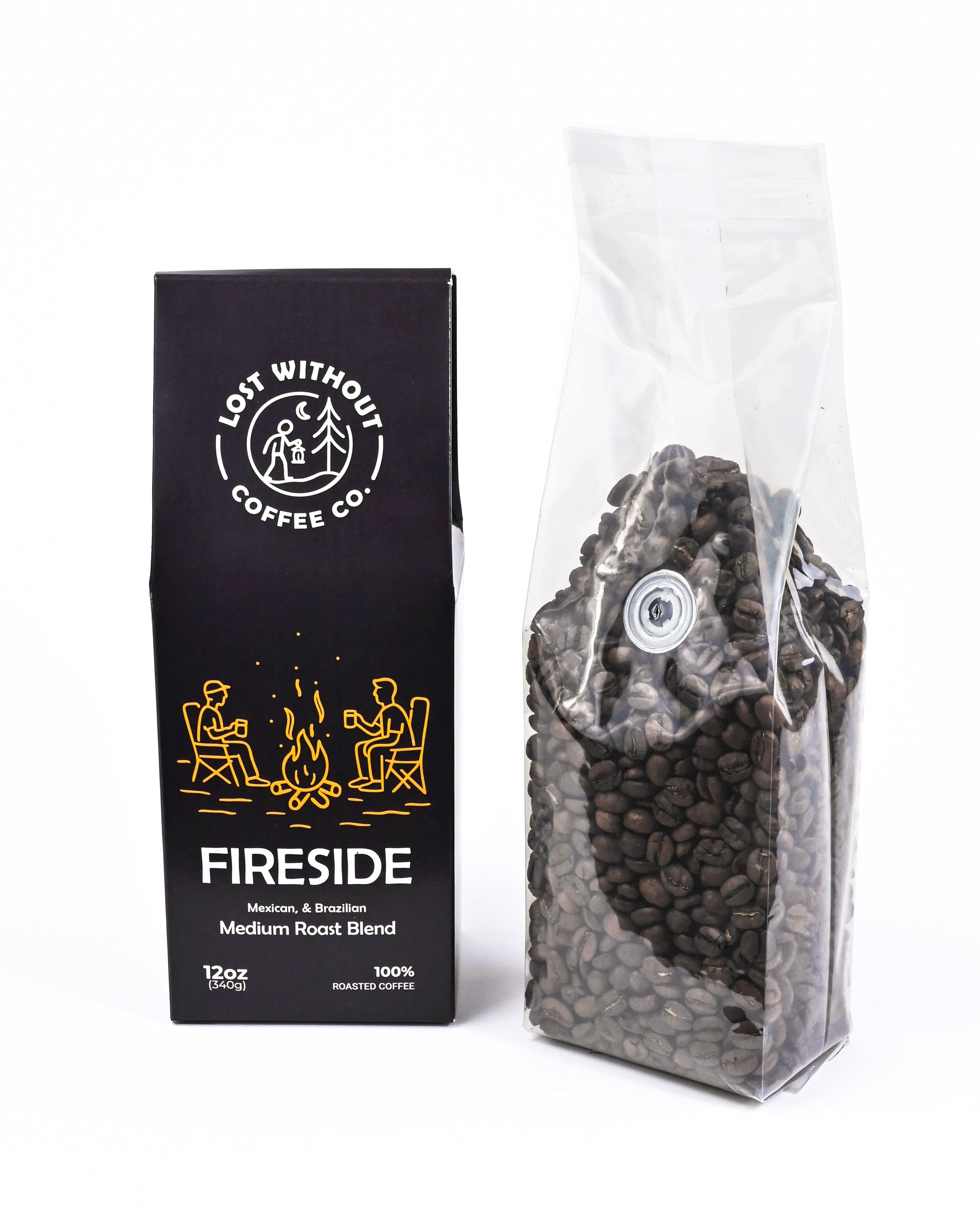Fresh Roasted Coffee - Fireside Medium Roast Blend 12oz packaging with whole coffee beans.