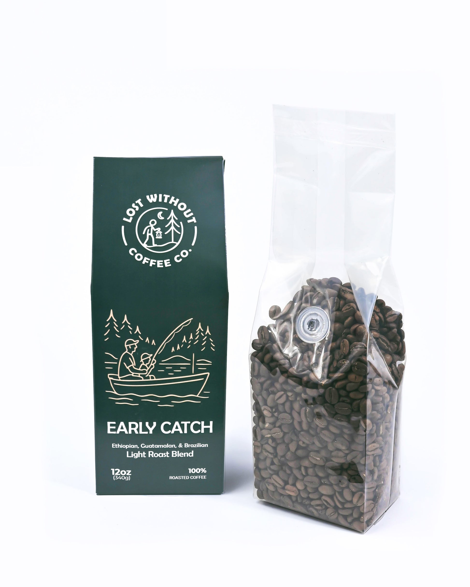 Fresh Roasted Coffee - Early Catch Light Roast coffee bag with beans, showcasing its specialty blend and packaging.