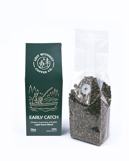 Fresh Roasted Coffee - Early Catch Light Roast coffee bag with beans, showcasing its specialty blend and packaging.
