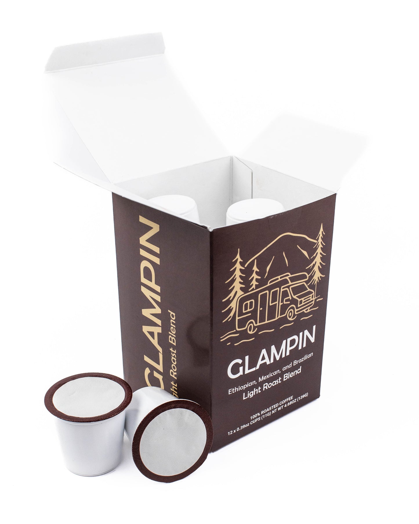 Fresh Roasted Coffee Glampin Light Roast Blend pods in a box with open top, showcasing 12 count packaging.