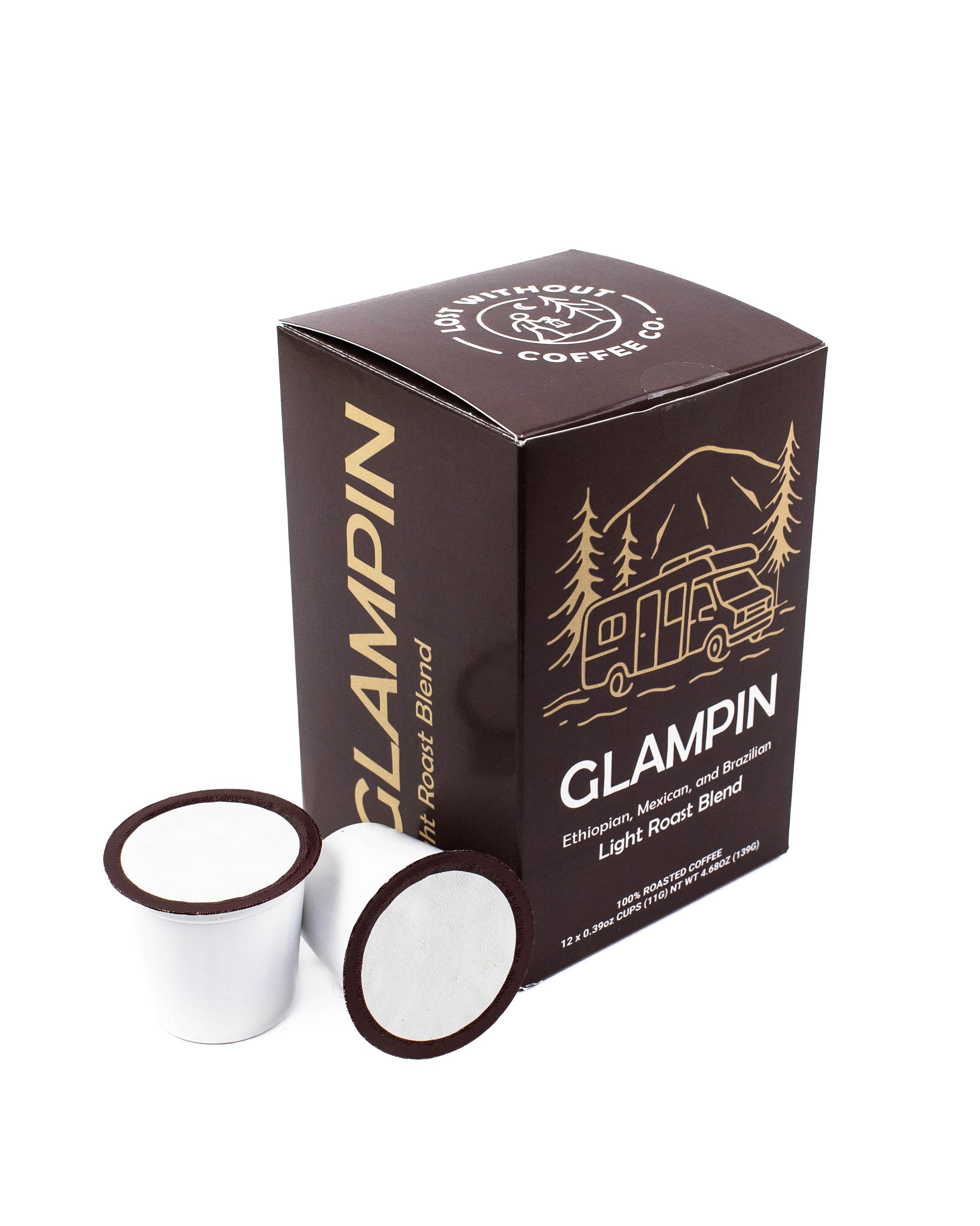Fresh Roasted Coffee - Glampin Light Roast Blend pods in a box with vibrant design, 12 count.