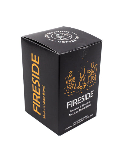 Fresh Roasted Coffee - Fireside Medium Roast Pods packaging showing a cozy fireside theme.