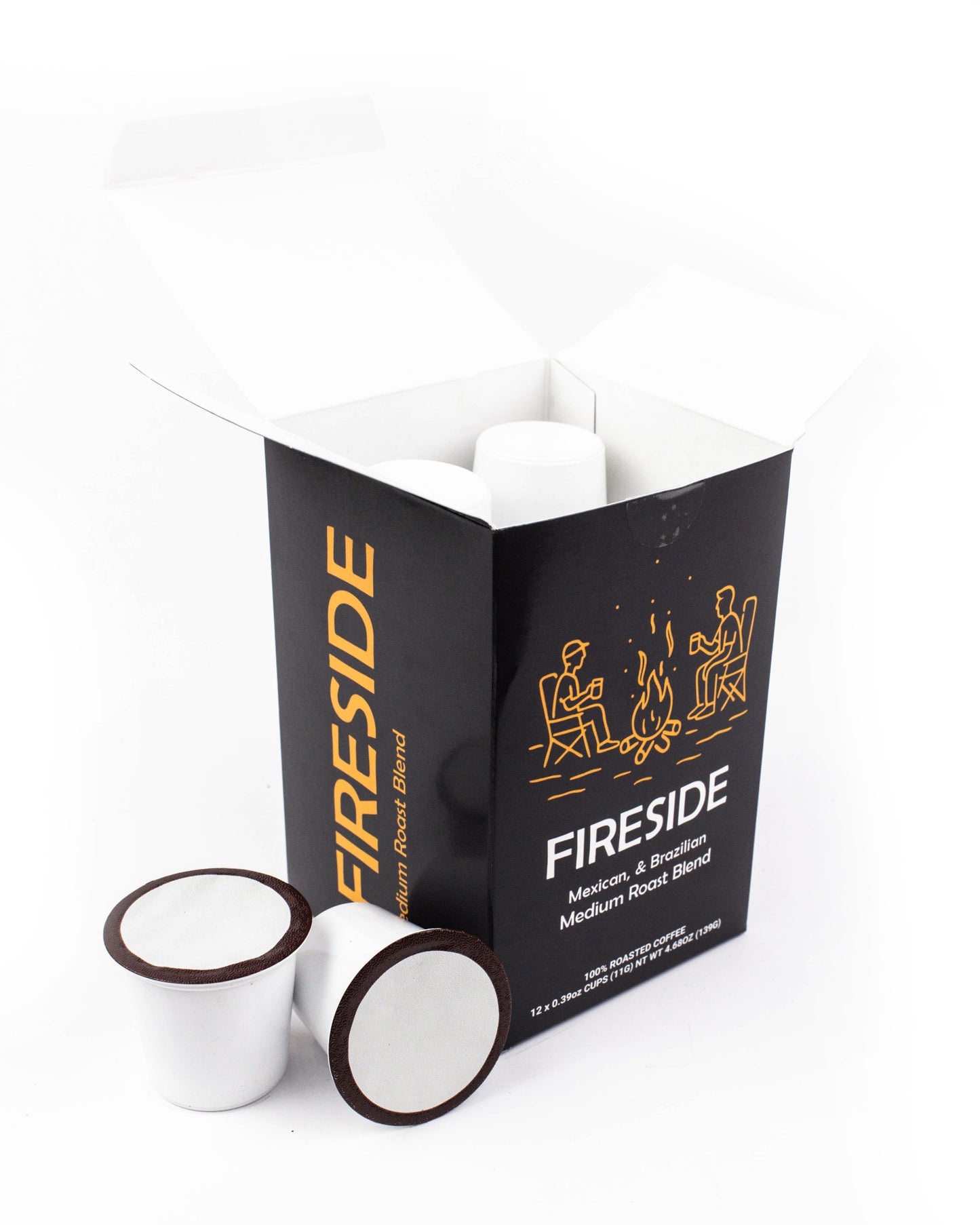 Fresh Roasted Coffee - Fireside Medium Roast Pods box with coffee pods, perfect for brewing rich flavor in every cup.