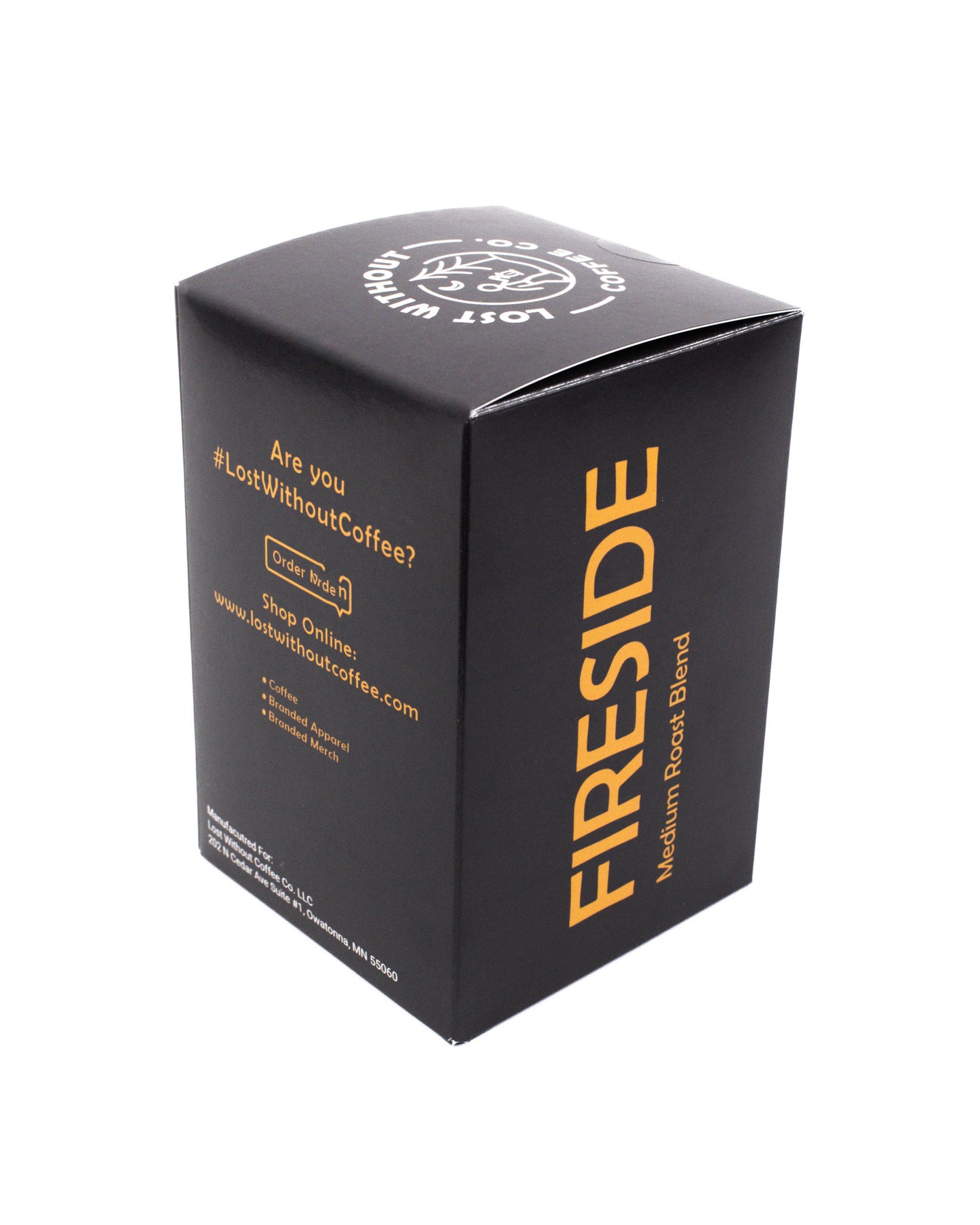 Fresh Roasted Coffee Fireside Medium Roast Pods packaging box showing product information and brand logo.