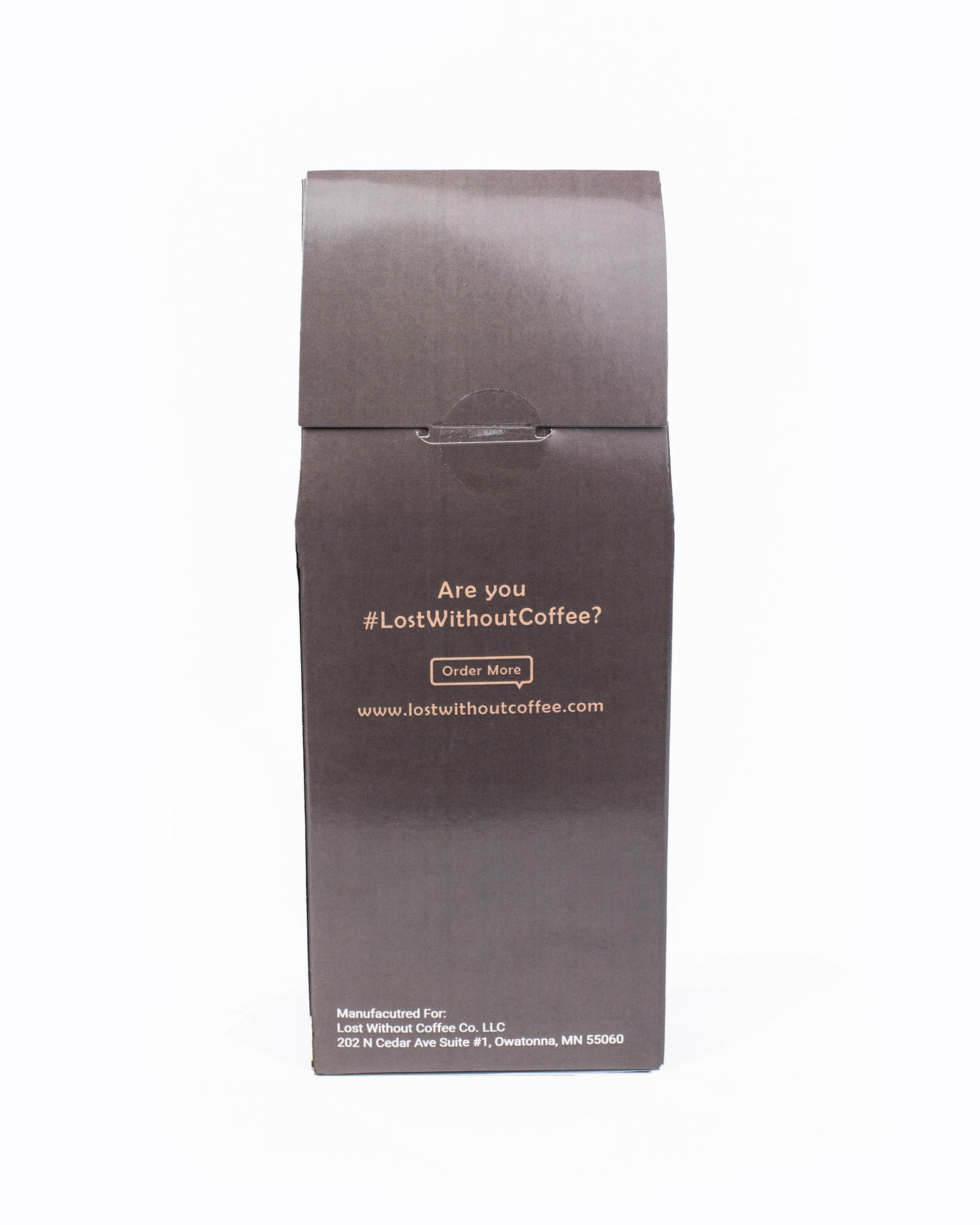 Fresh Roasted Decaf Coffee packaging with #LostWithoutCoffee slogan and ordering information.