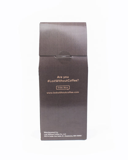 Fresh Roasted Decaf Coffee packaging with #LostWithoutCoffee slogan and ordering information.