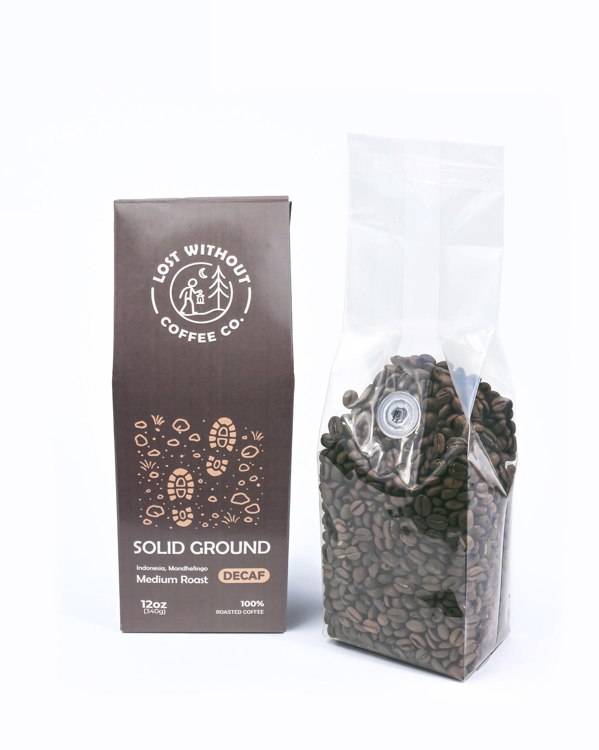 Fresh Roasted Decaf Coffee in a 12oz bag from Solid Ground featuring medium roast beans.