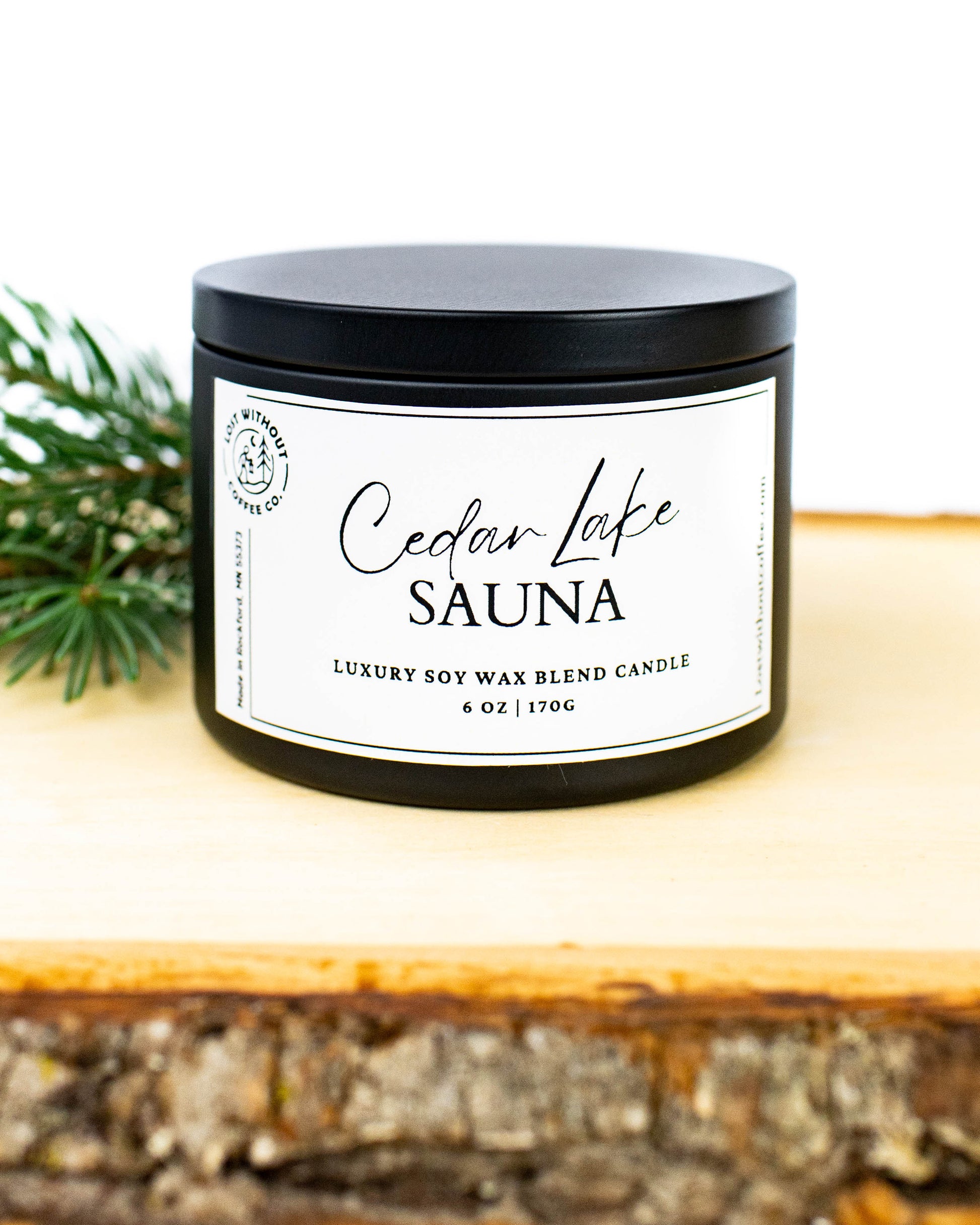 Soy Wax Candles | Cedar Lake Sauna 6oz luxury soy wax blend candle with sweet wood scent.