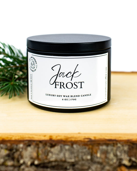Soy Wax Candles - Jack Frost 6oz luxury candle with sweet juniper and holiday fruit scent.