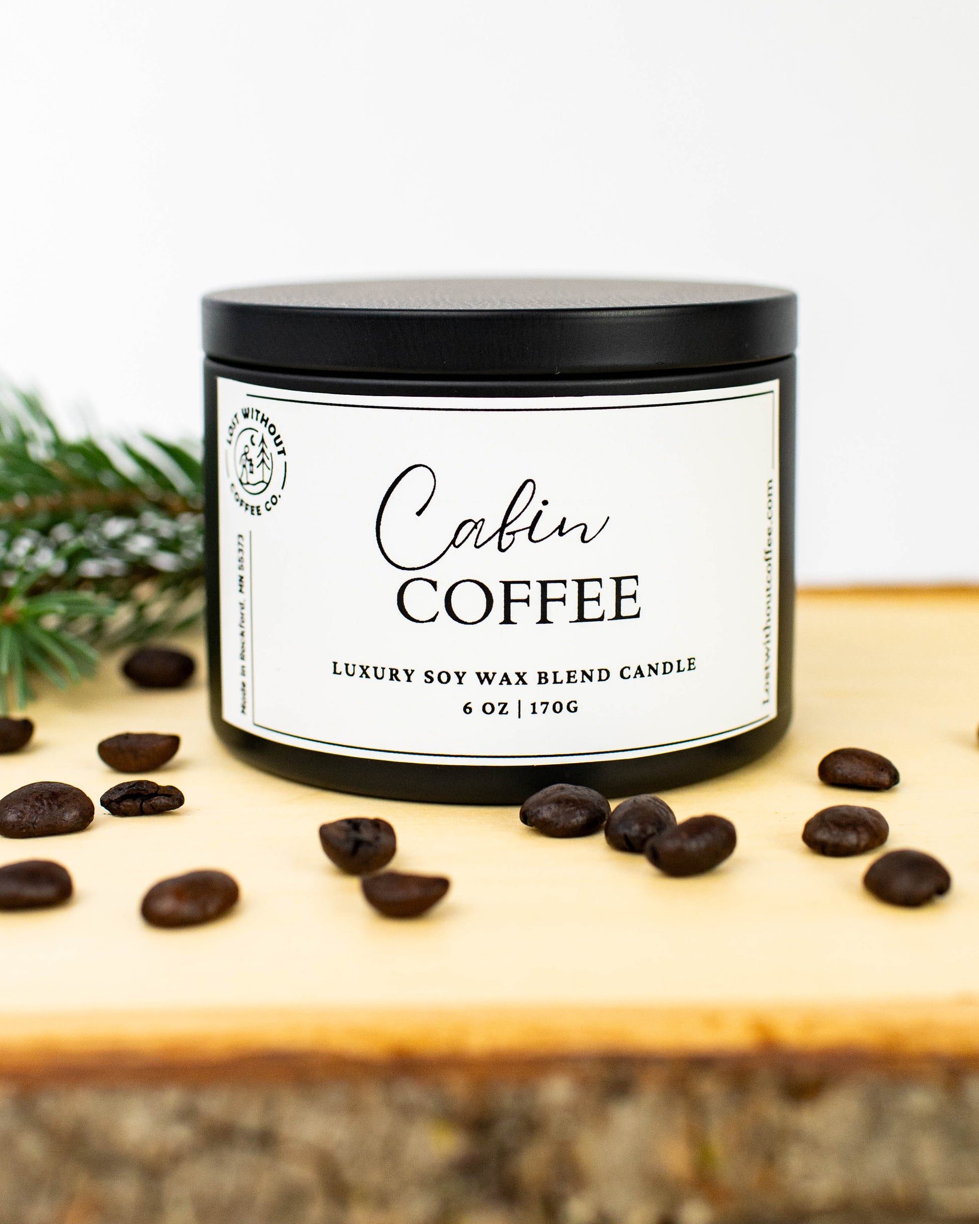Soy Wax Candles - Cabin Coffee luxury 6oz candle with coffee beans and pine, perfect for cozy atmospheres.
