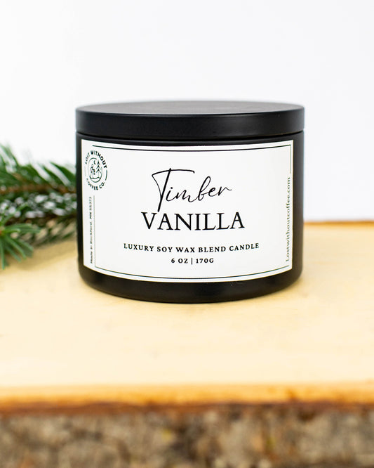Soy Wax Candles | Timber Vanilla 6oz luxury soy wax blend candle with a woodsy scent on wooden surface