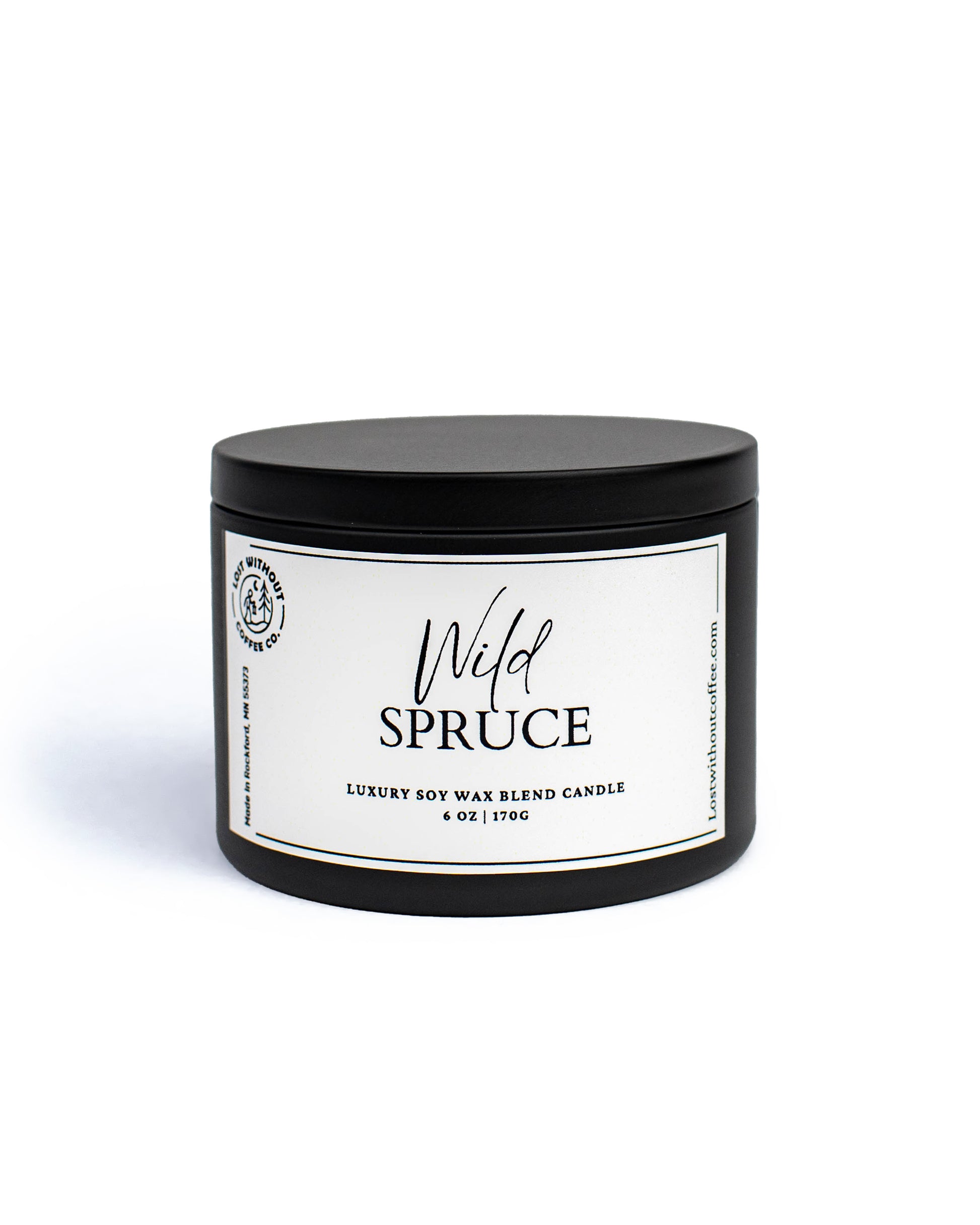 Soy Wax Candles | 6oz Wild Spruce luxury soy blend candle in a black container with elegant labeling.