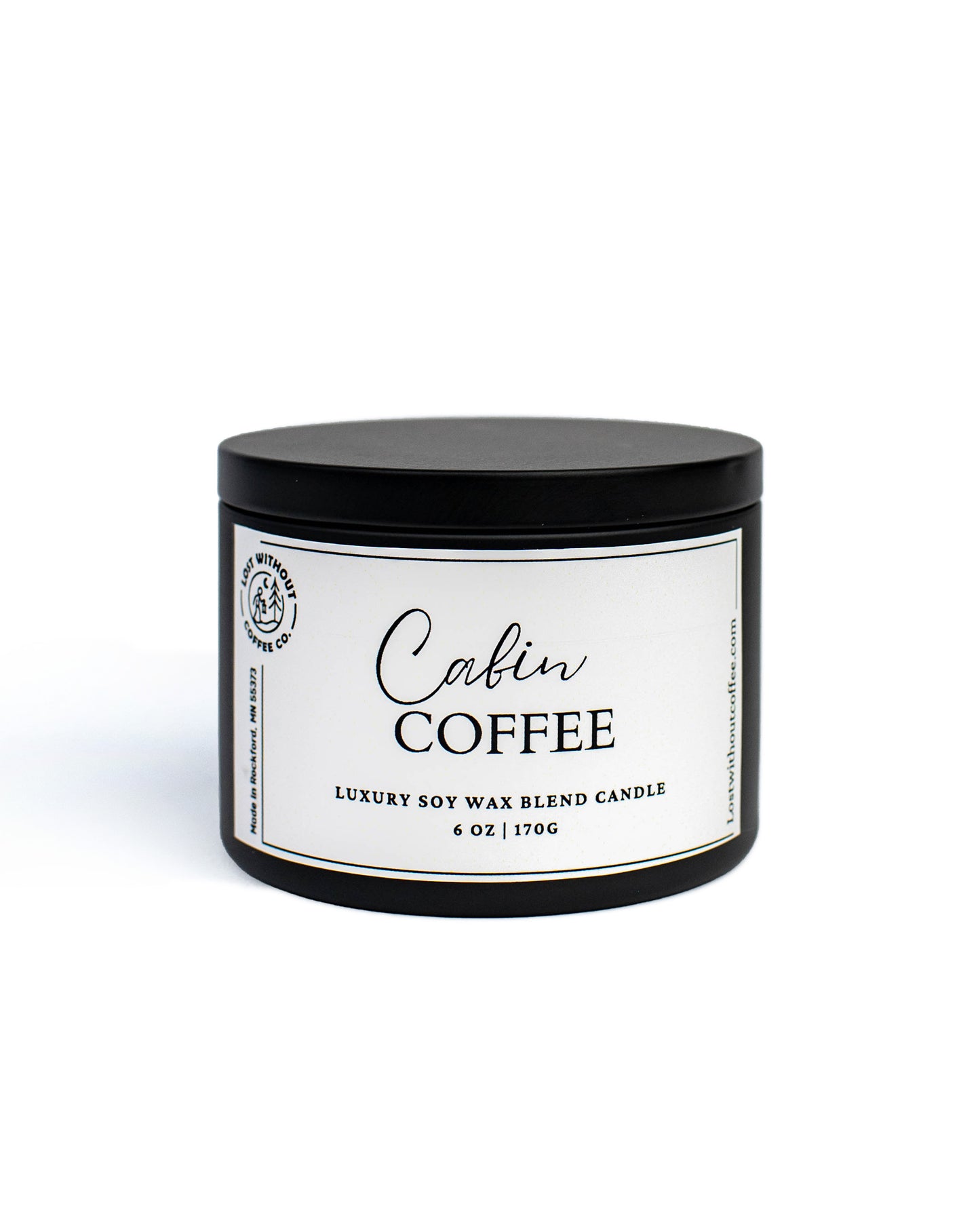 Soy Wax Candles - 6oz Cabin Coffee luxury candle in black container with white label.
