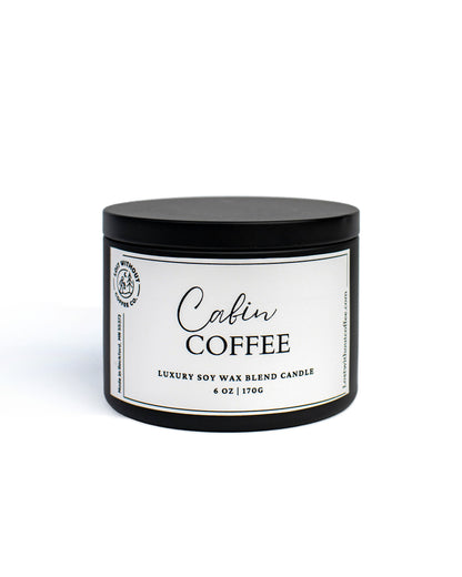 Soy Wax Candles - 6oz Cabin Coffee luxury candle in black container with white label.
