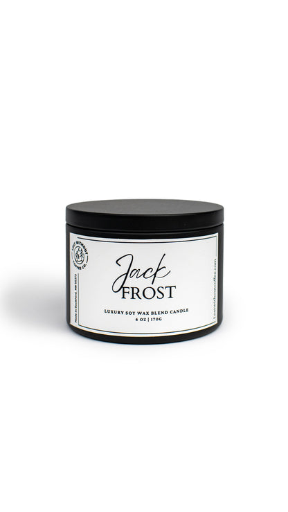 Soy Wax Candles Jack Frost 6oz luxury candle with sweet juniper and holiday fruit scent.
