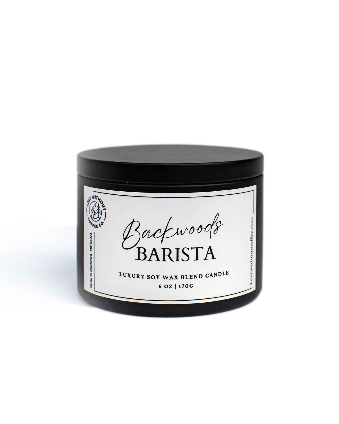 Soy Wax Candles | Backwoods Barista 6oz luxury candle with a sleek black container.